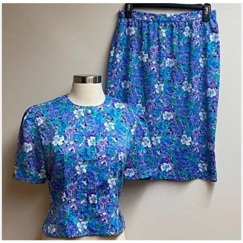 Petites for Maggy Sz 8 Vintage 2 pc Dress Set Shirt / Jacket & Skirt Floral